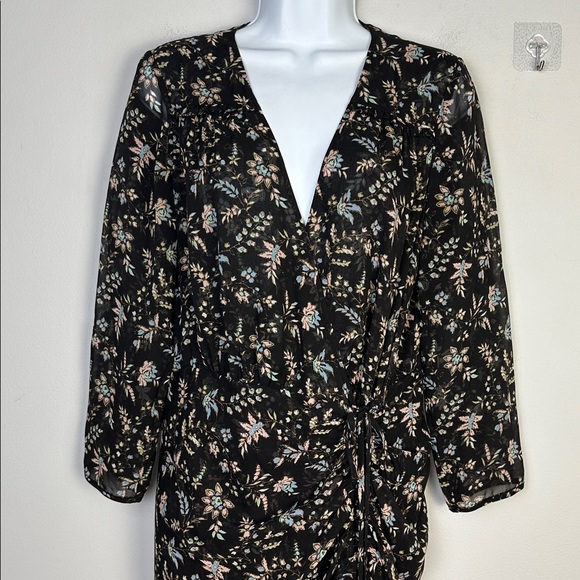 Veronica Beard Merrill Drawstring Midi Dress Black Floral Size 6 Ruched Silk - Picture 3 of 16